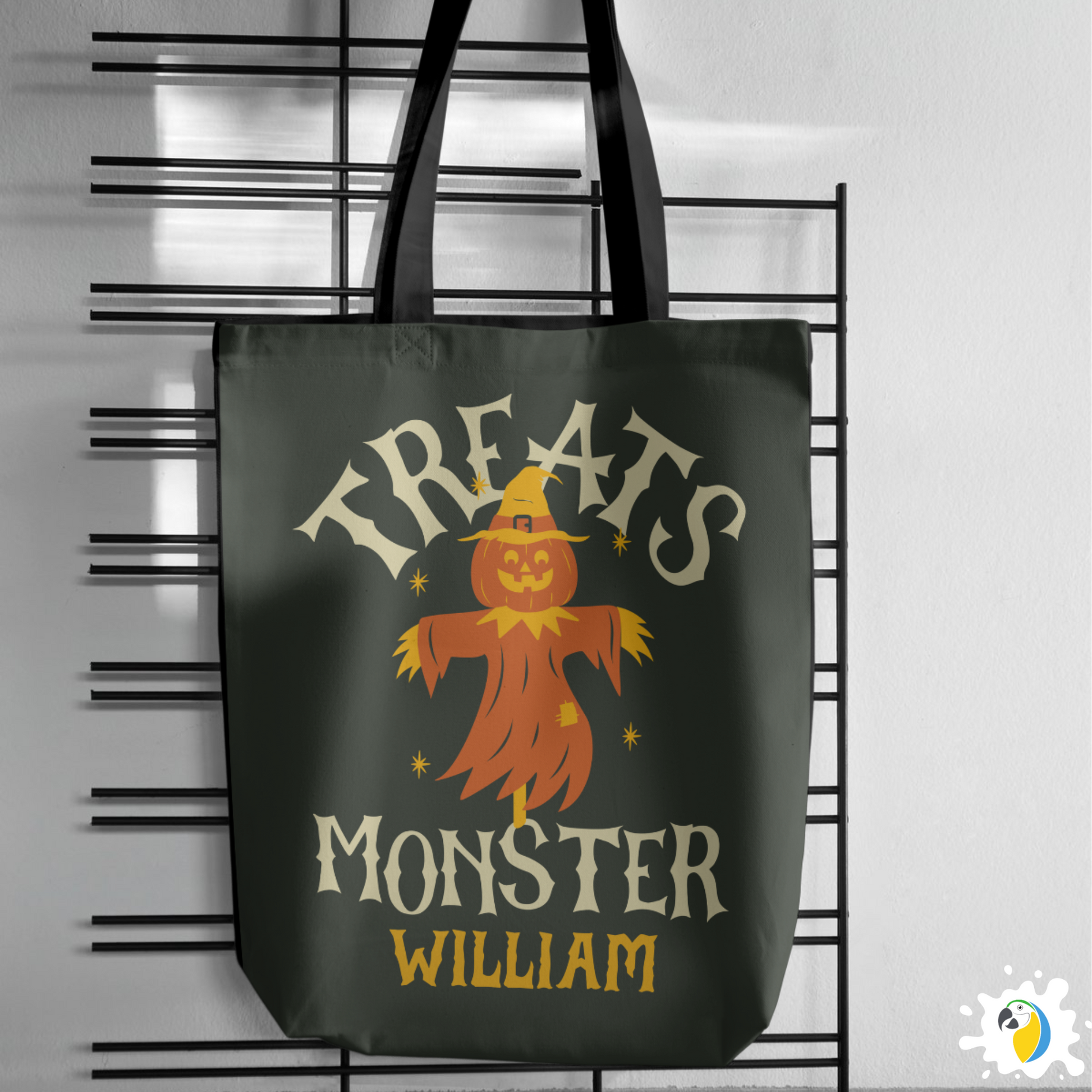 Personalized Halloween Tote Bag • Custom Name Treats Monster Large Size Bag For Kids • Jack O'Lantern Trick Or Treating Accessory • Papagaio Studio Design Shop