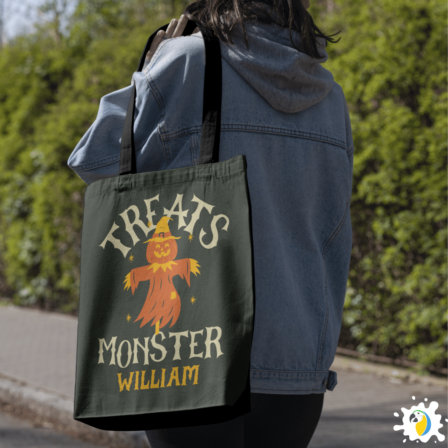 Personalized Halloween Tote Bag • Custom Name Treats Monster Large Size Bag For Kids • Jack O'Lantern Trick Or Treating Accessory • Papagaio Studio Design Shop
