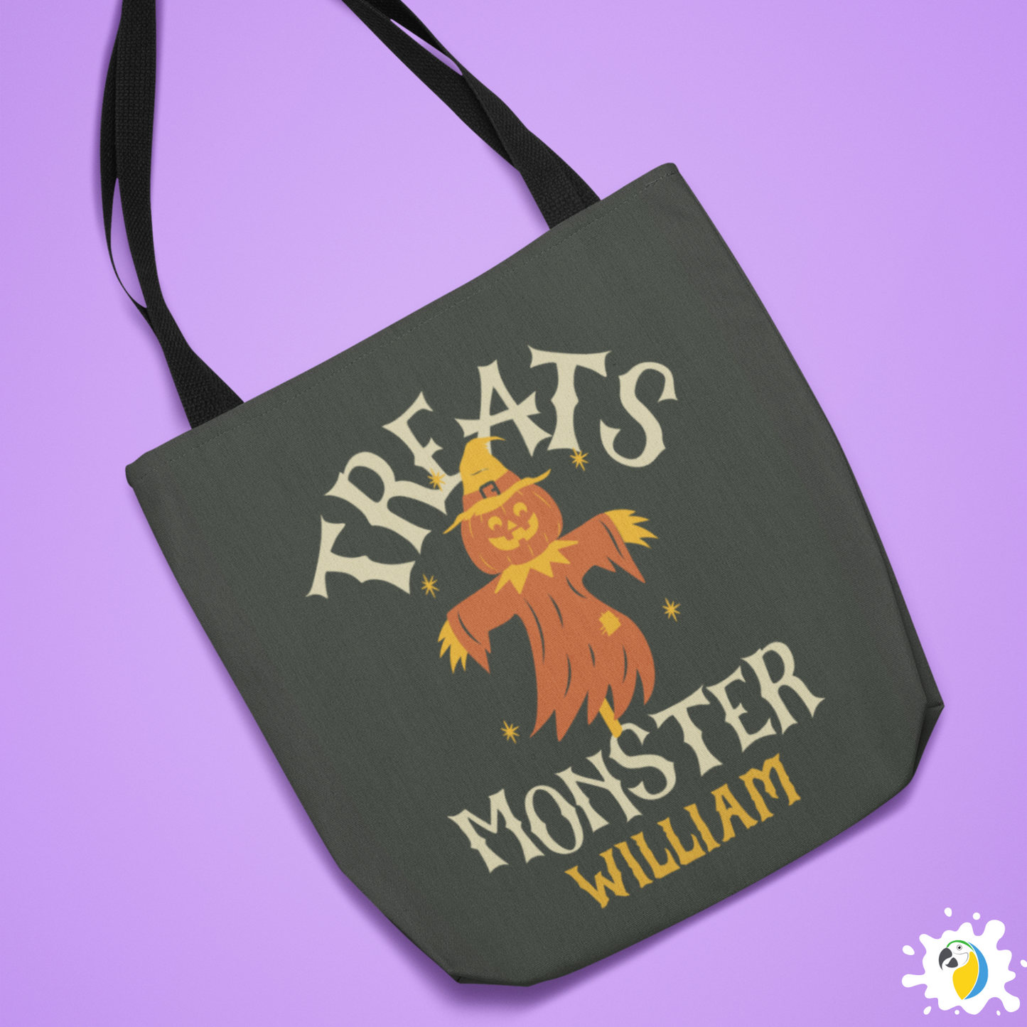 Personalized Halloween Tote Bag • Custom Name Treats Monster Large Size Bag For Kids • Jack O'Lantern Trick Or Treating Accessory • Papagaio Studio Design Shop