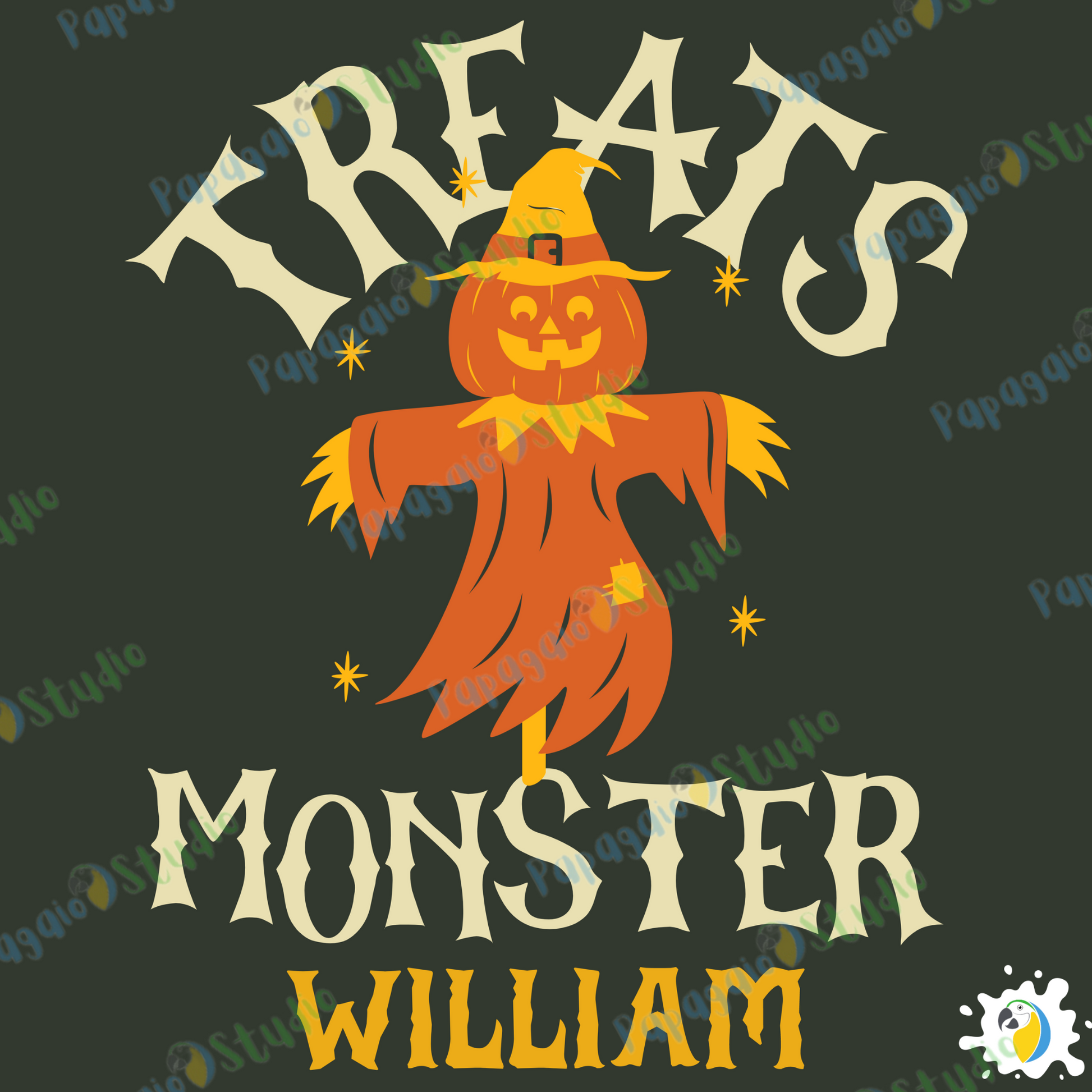 Personalized Halloween Tote Bag • Custom Name Treats Monster Large Size Bag For Kids • Jack O'Lantern Trick Or Treating Accessory • Papagaio Studio Design Shop