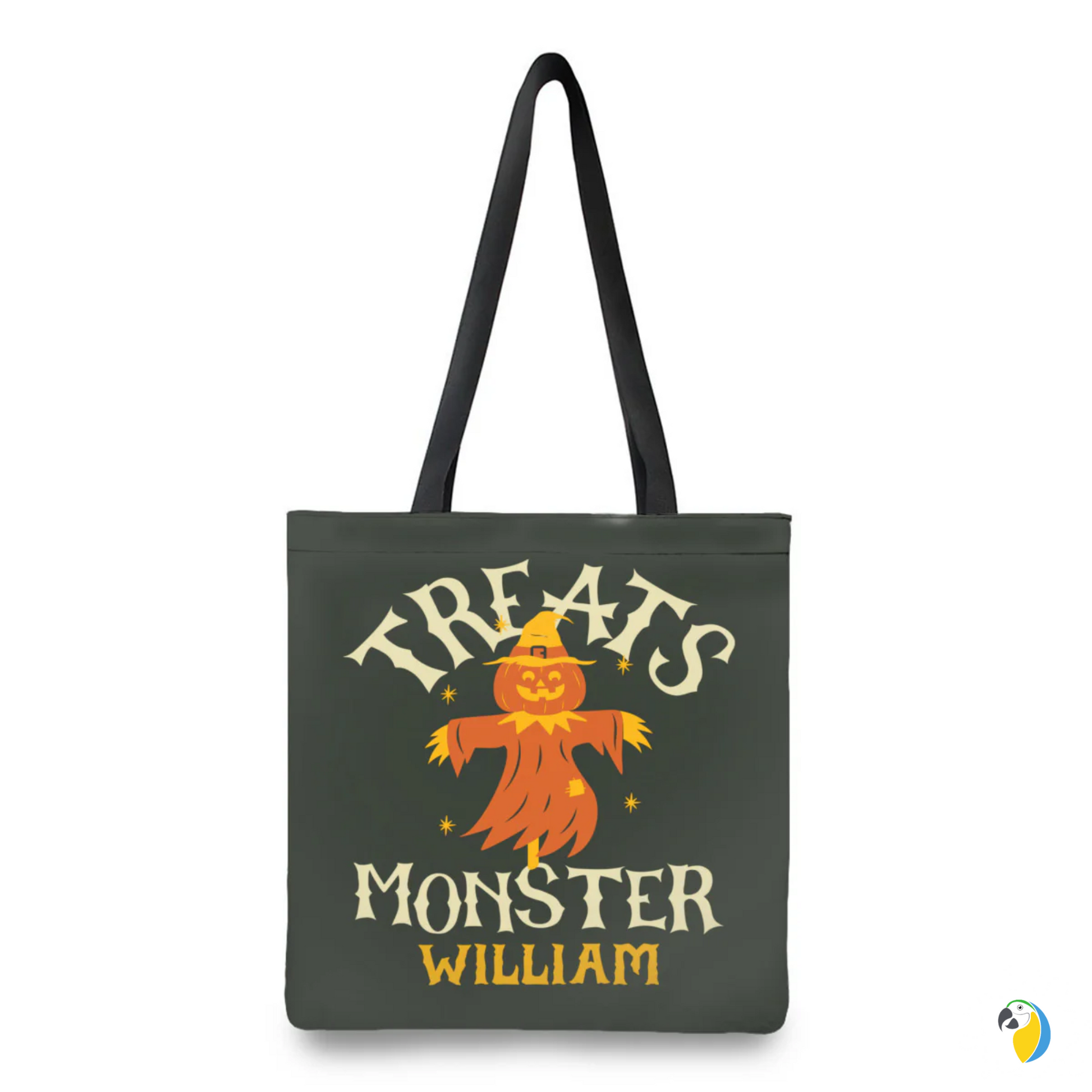 Personalized Halloween Tote Bag • Custom Name Treats Monster Large Size Bag For Kids • Jack O'Lantern Trick Or Treating Accessory • Papagaio Studio Design Shop