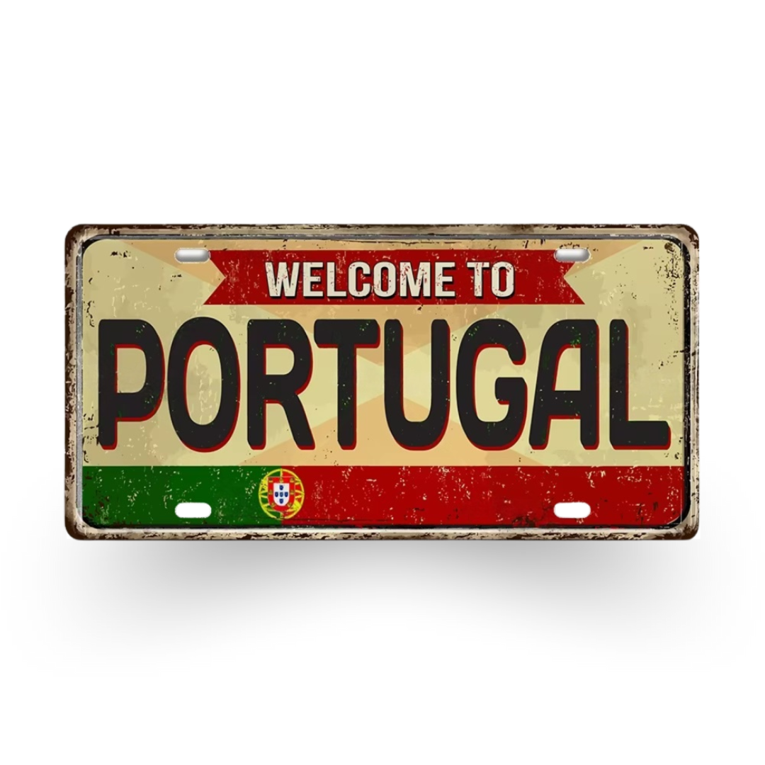 Vintage-style sign with 'Welcome to Portugal' text and Portuguese flag design on a white background