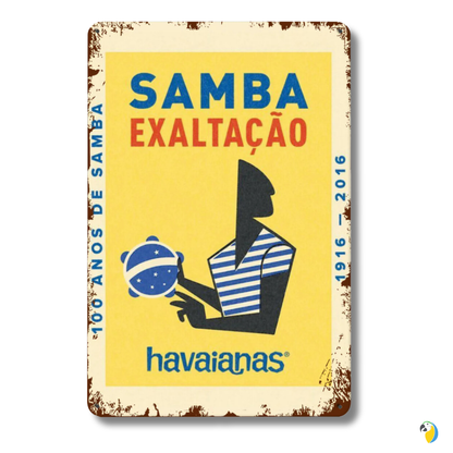 Retro Samba Exaltação Tinplate Sign • Vintage Brazilian Flip Flop Poster • Rustic Metal Wall Art • Papagaio Studio Design Shop