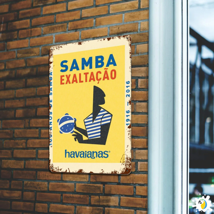 Retro Samba Exaltação Tinplate Sign • Vintage Brazilian Flip Flop Poster • Rustic Metal Wall Art • Papagaio Studio Design Shop