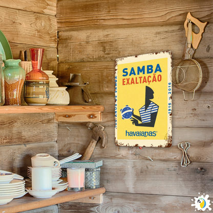 Retro Samba Exaltação Tinplate Sign • Vintage Brazilian Flip Flop Poster • Rustic Metal Wall Art • Papagaio Studio Design Shop