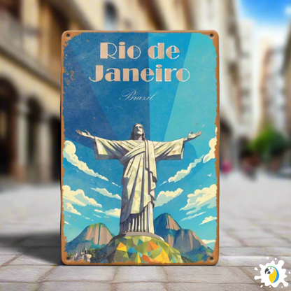 Rio de Janeiro Brazil Metal Print • Brazilian Christ Redeemer Vintage Tin Sign • South America Trip Travel Poster • Traveler Souvenir Gift • Papagaio Studio Shop