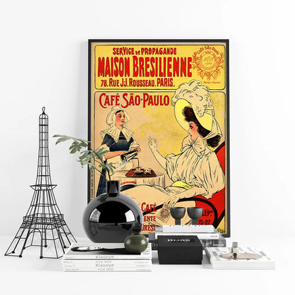 Sao Paulo Cafe Vintage French Ad Poster •  French Retro Brazilian Coffee Canvas Print •  Old-Style France Paris Brasil Café Advertising Art