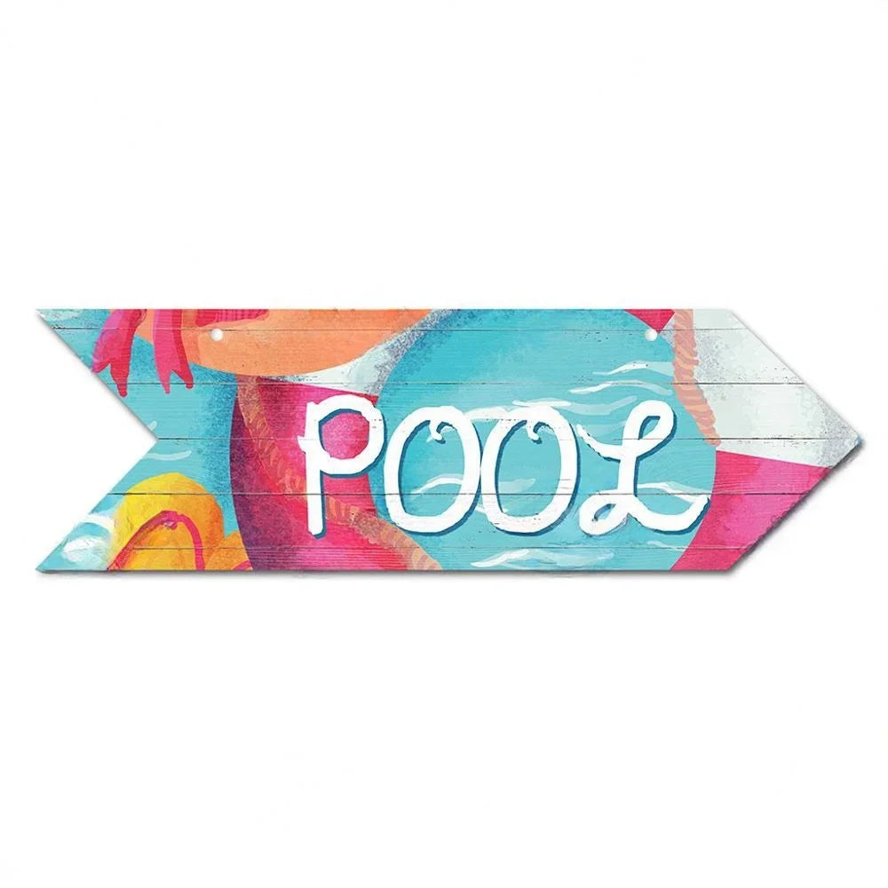 Retro Swimming Pool Wood Sign • Summer Arrow Wooden Sign Wall Hanging • Tropical Beach House Decor For Family Swimming Pool Area • Papagaio Studio Design Shop