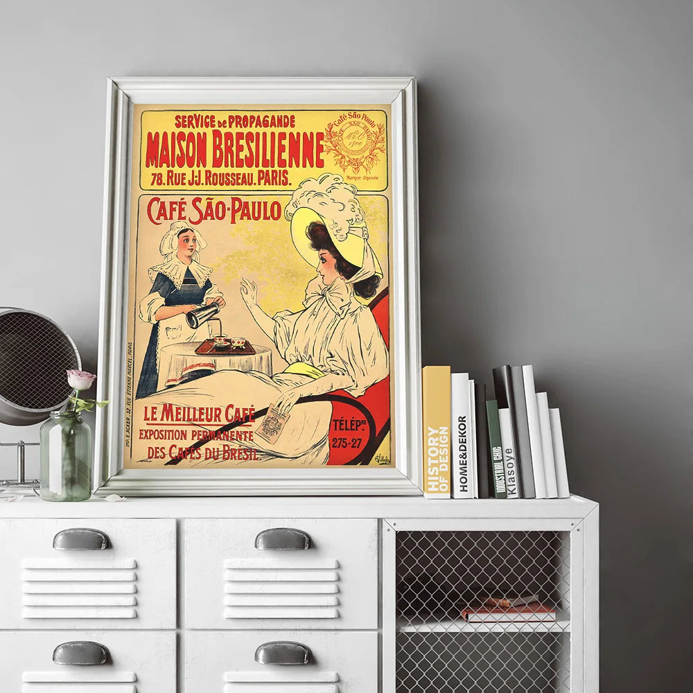 Sao Paulo Cafe Vintage French Ad Poster •  French Retro Brazilian Coffee Canvas Print •  Old-Style France Paris Brasil Café Advertising Art