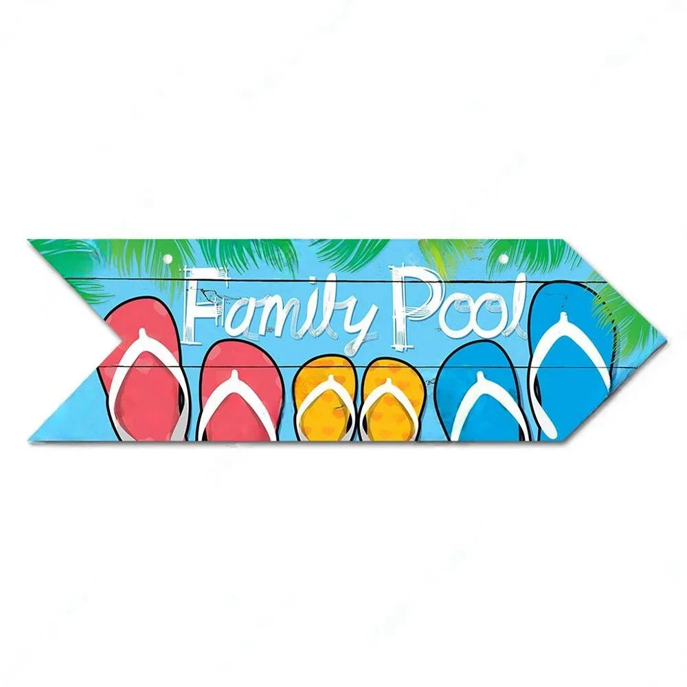 Retro Swimming Pool Wood Sign • Summer Arrow Wooden Sign Wall Hanging • Tropical Beach House Decor For Family Swimming Pool Area • Papagaio Studio Design Shop