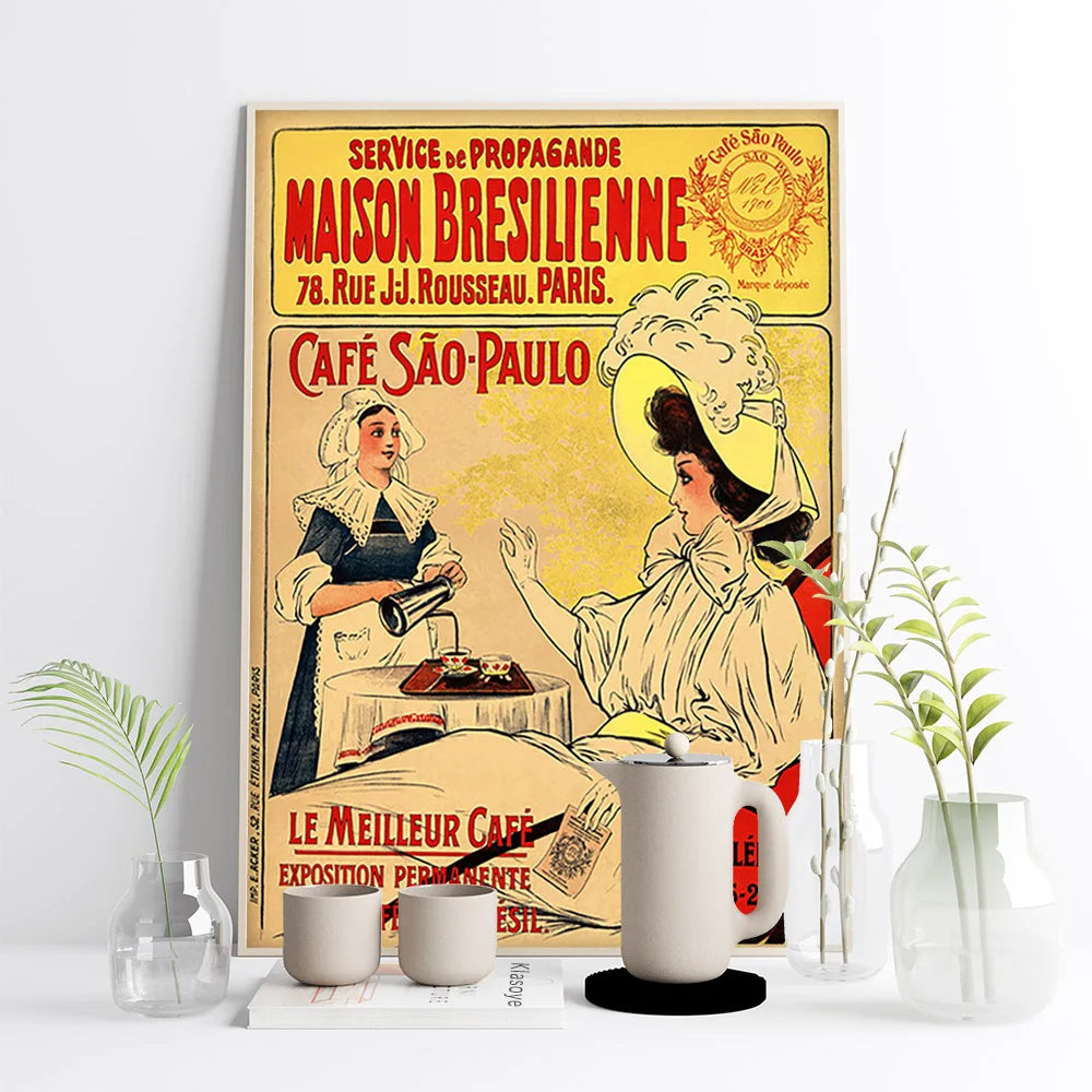 Sao Paulo Cafe Vintage French Ad Poster •  French Retro Brazilian Coffee Canvas Print •  Old-Style France Paris Brasil Café Advertising Art