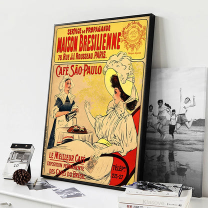 Sao Paulo Cafe Vintage French Ad Poster •  French Retro Brazilian Coffee Canvas Print •  Old-Style France Paris Brasil Café Advertising Art