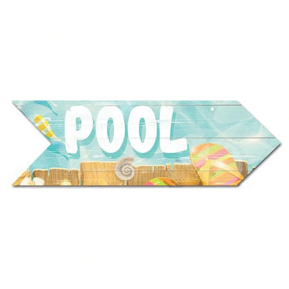 Retro Swimming Pool Wood Sign • Summer Arrow Wooden Sign Wall Hanging • Tropical Beach House Decor For Family Swimming Pool Area • Papagaio Studio Design Shop