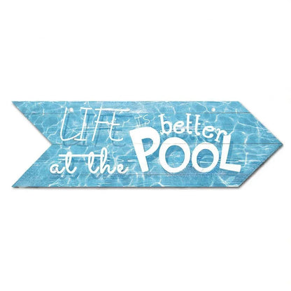 Retro Swimming Pool Wood Sign • Summer Arrow Wooden Sign Wall Hanging • Tropical Beach House Decor For Family Swimming Pool Area • Papagaio Studio Design Shop