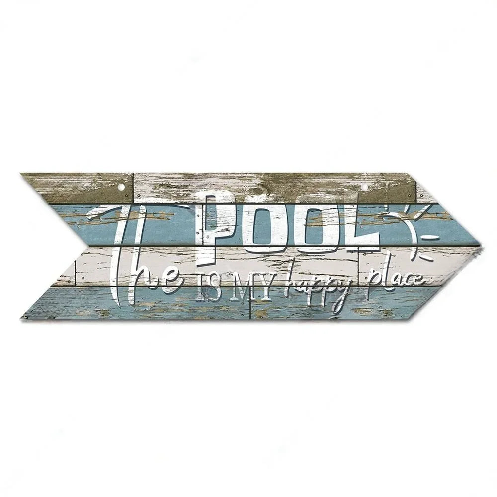 Retro Swimming Pool Wood Sign • Summer Arrow Wooden Sign Wall Hanging • Tropical Beach House Decor For Family Swimming Pool Area • Papagaio Studio Design Shop