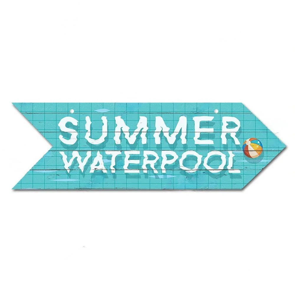 Retro Swimming Pool Wood Sign • Summer Arrow Wooden Sign Wall Hanging • Tropical Beach House Decor For Family Swimming Pool Area • Papagaio Studio Design Shop