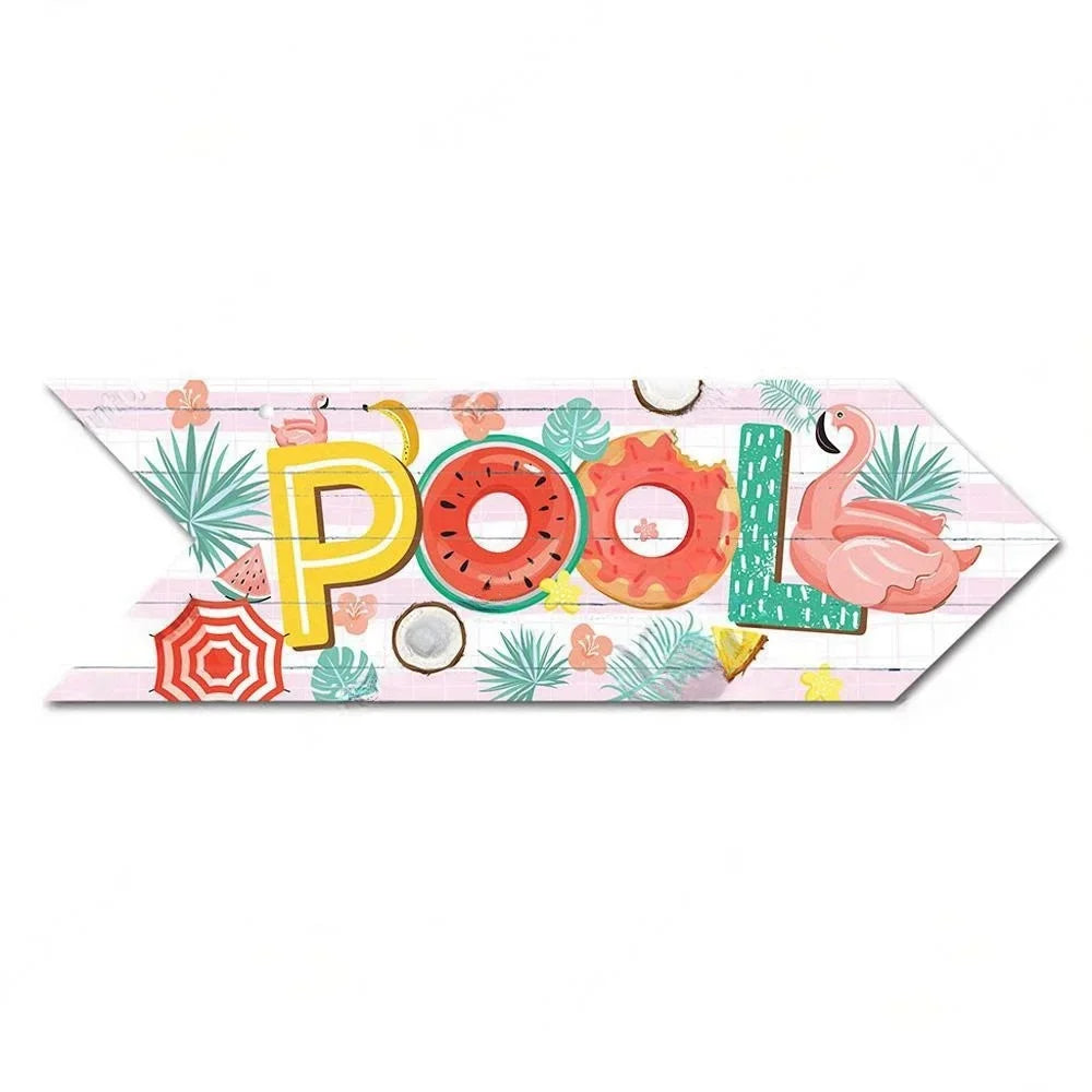 Retro Swimming Pool Wood Sign • Summer Arrow Wooden Sign Wall Hanging • Tropical Beach House Decor For Family Swimming Pool Area • Papagaio Studio Design Shop