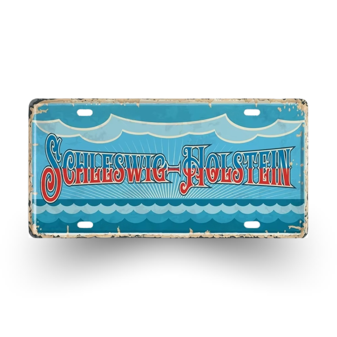Vintage-style license plate with 'Schleswig-Holstein' text on a blue background