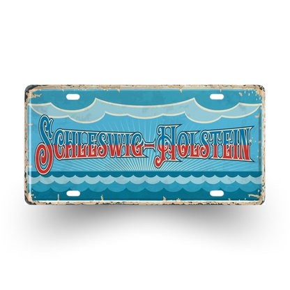 Vintage-style license plate with 'Schleswig-Holstein' text on a blue background