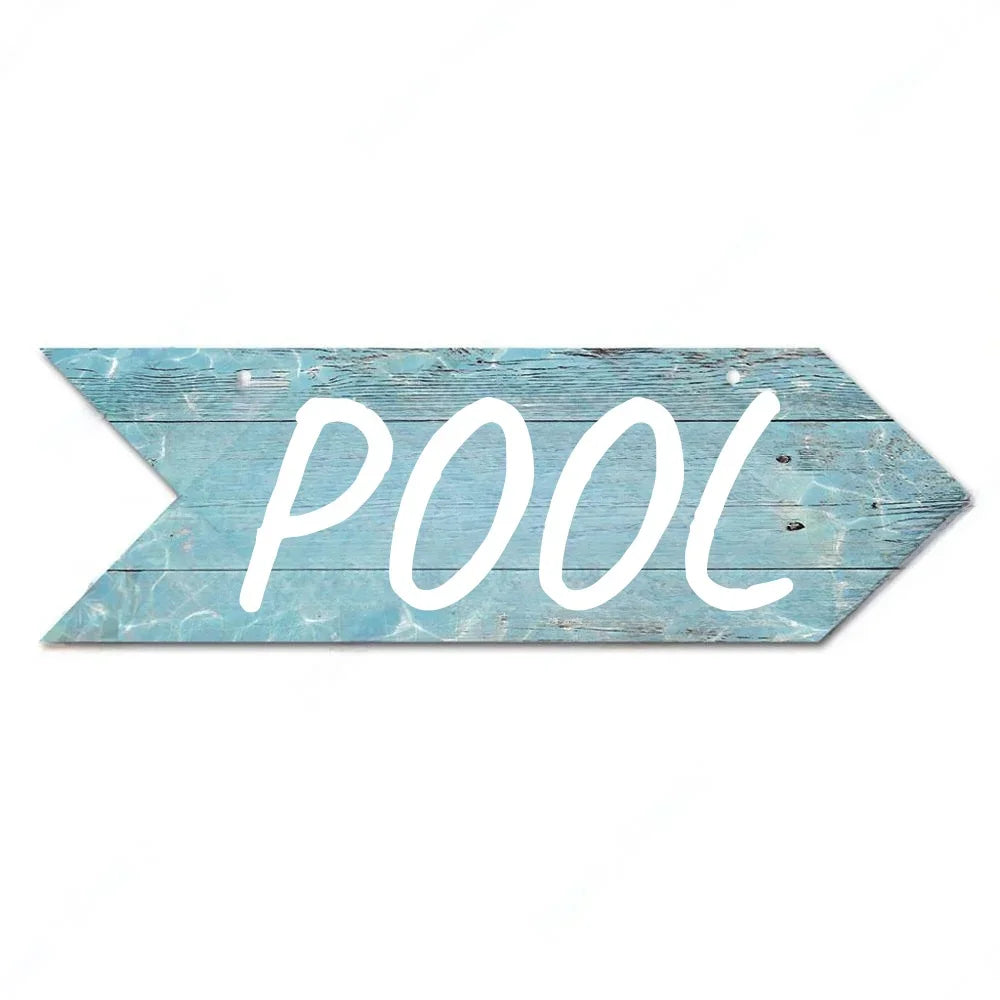 Retro Swimming Pool Wood Sign • Summer Arrow Wooden Sign Wall Hanging • Tropical Beach House Decor For Family Swimming Pool Area • Papagaio Studio Design Shop