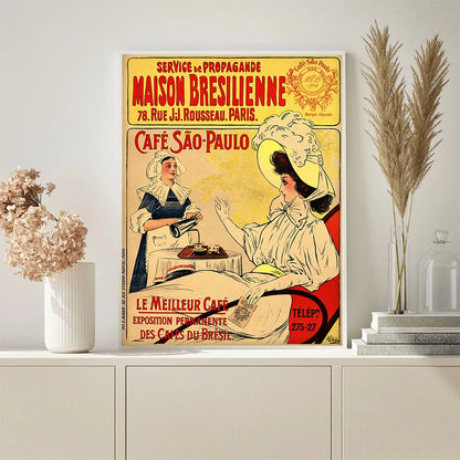 Sao Paulo Cafe Vintage French Ad Poster •  French Retro Brazilian Coffee Canvas Print •  Old-Style France Paris Brasil Café Advertising Art