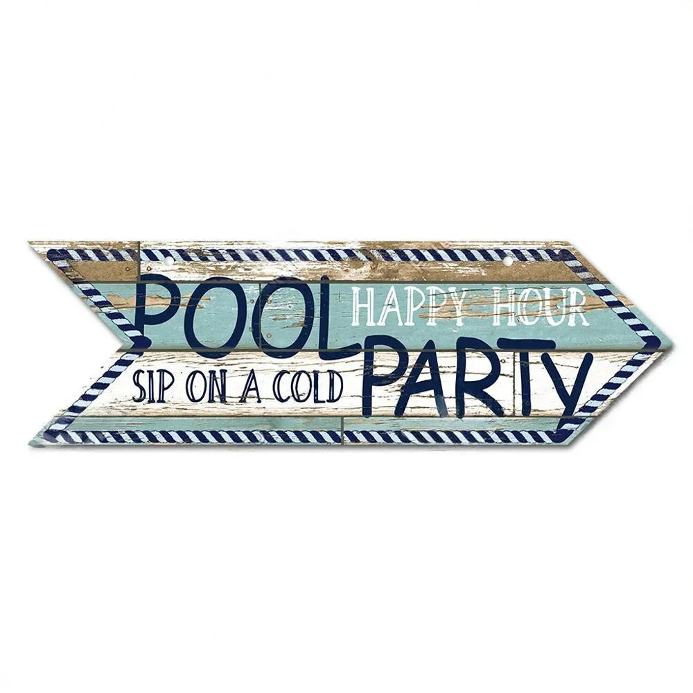 Retro Swimming Pool Wood Sign • Summer Arrow Wooden Sign Wall Hanging • Tropical Beach House Decor For Family Swimming Pool Area • Papagaio Studio Design Shop