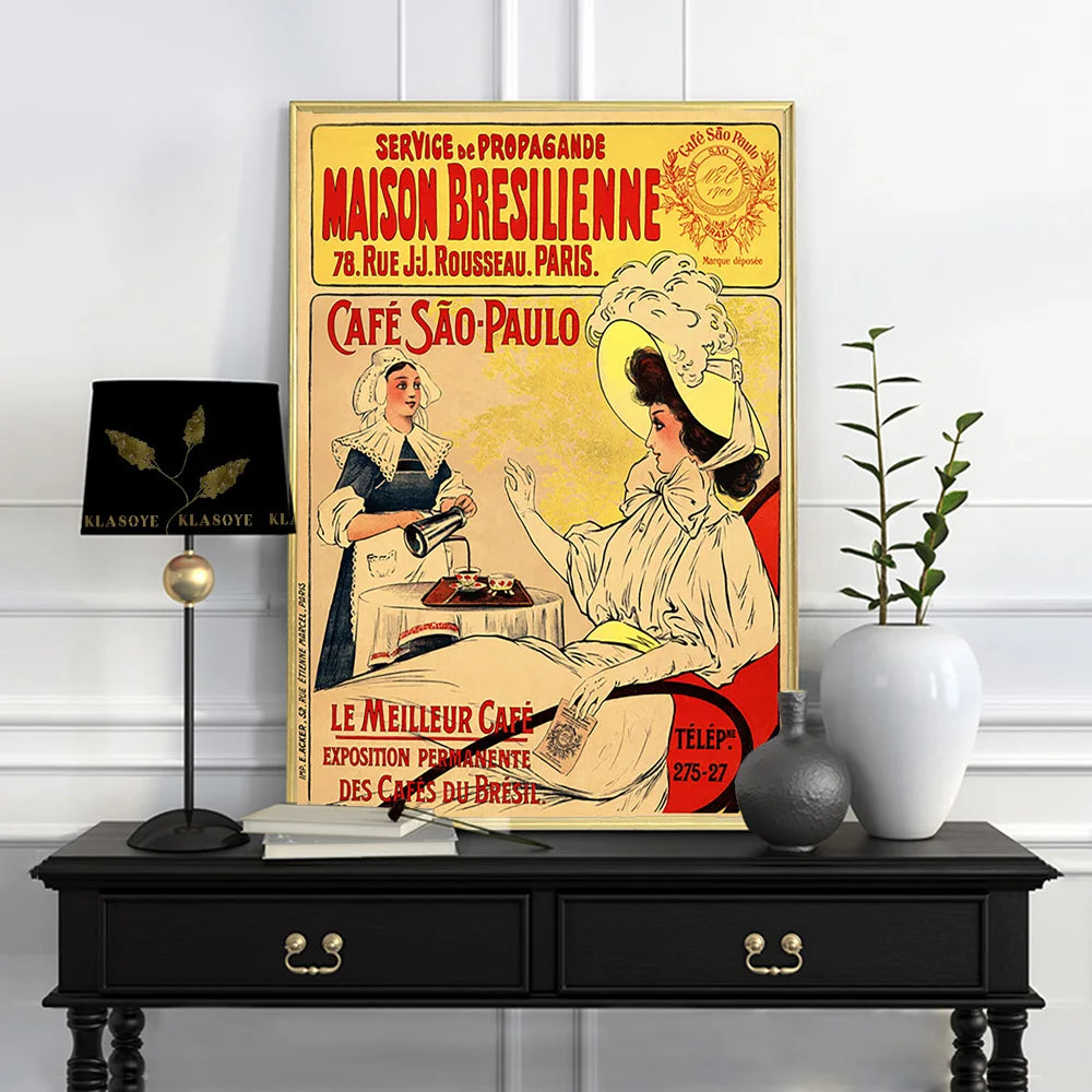 Sao Paulo Cafe Vintage French Ad Poster •  French Retro Brazilian Coffee Canvas Print •  Old-Style France Paris Brasil Café Advertising Art