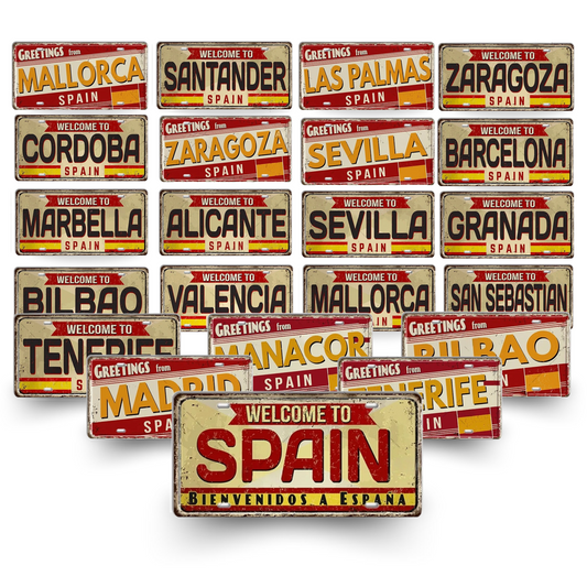 Spain Landmark License Plate Tin Sign • Spanish City Metal Print • Euro Trip Souvenir • Decorative Plaque Wall Decor • Europe Traveler Gift • Papagaio Studio Design Shop