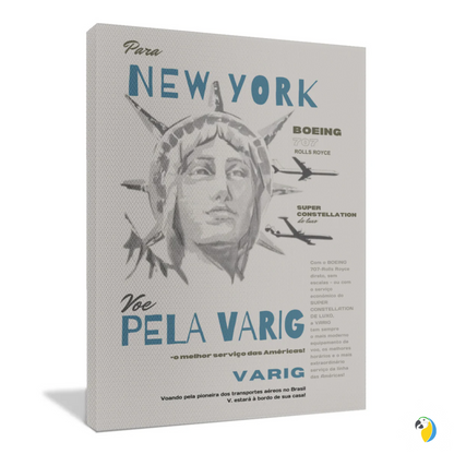 Varig Brazilian Airline Flight To New York Ad Print • Retro Brazil Aviation Advertising Stretched Canvas Poster • Papagaio Studio Decor Shop