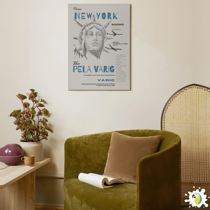 Varig Brazilian Airline Flight To New York Ad Print • Retro Brazil Aviation Advertising Stretched Canvas Poster • Papagaio Studio Decor Shop