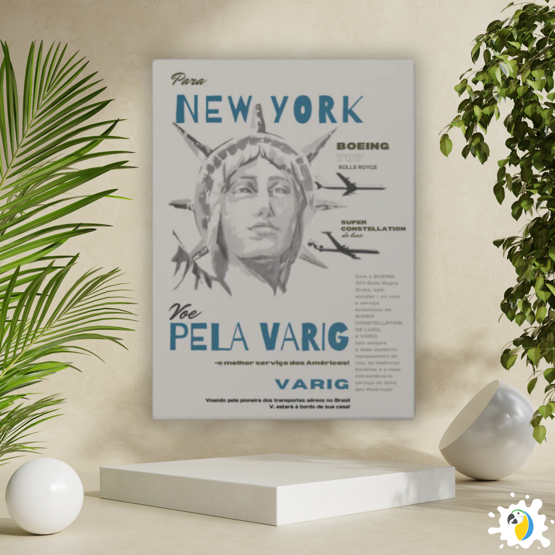 Varig Brazilian Airline Flight To New York Ad Print • Retro Brazil Aviation Advertising Stretched Canvas Poster • Papagaio Studio Decor Shop