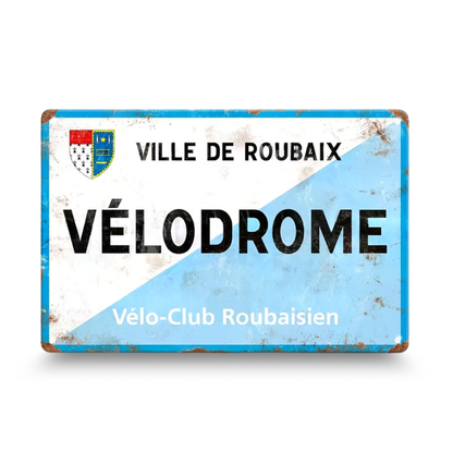 Vintage-style sign for Vélodrome with text and a logo on a white background