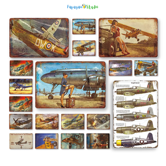 Vintage Airplane Tin Sign • WWII Retro Aircraft Metal Print For Aviation Enthusiast • Pilot Gift Decor • Antique Style Fighter Plane Poster • Papagaio Studio Design Shop