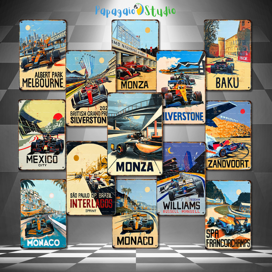 Vintage F1 Circuit Tin Sign Collection • Retro Formula 1 Cities Metal Print • Racing Sports Tinplate Decor • Grand Prix Wall Art Gift