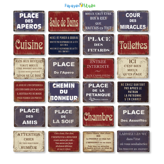 French Humorous Tin Signs Collection • Vintage France Wall Decor Plaques • Papagaio Studio Design Shop