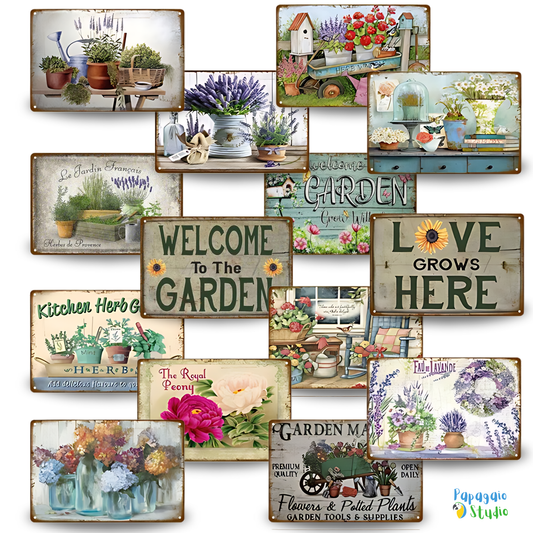 Gardening Retro Tin Sign • Vintage Metal Print For Garden Yard Porch Kitchen Herbarium • Outdoor Decor Signage Gift For Plant Lover Gardener • Papagaio Studio Design Shop