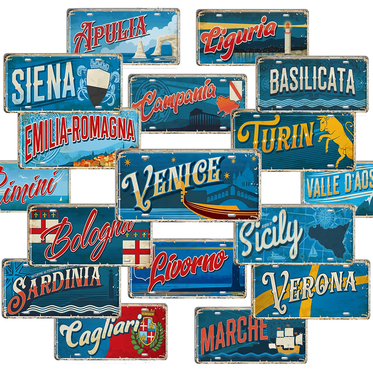 Vintage Italy Tin Signs • Retro Italian Regions And Cities License Plates • Metal Print Wall Decor • Eurotrip Travel Gift Souvenir Decor • Papagaio Studio Design Shop