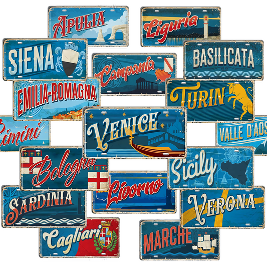 Vintage Italy Tin Signs • Retro Italian Regions And Cities License Plates • Metal Print Wall Decor • Eurotrip Travel Gift Souvenir Decor • Papagaio Studio Design Shop