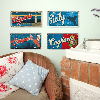 Vintage Italy Tin Signs • Retro Italian Regions And Cities License Plates • Metal Print Wall Decor • Eurotrip Travel Gift Souvenir Decor • Papagaio Studio Design Shop