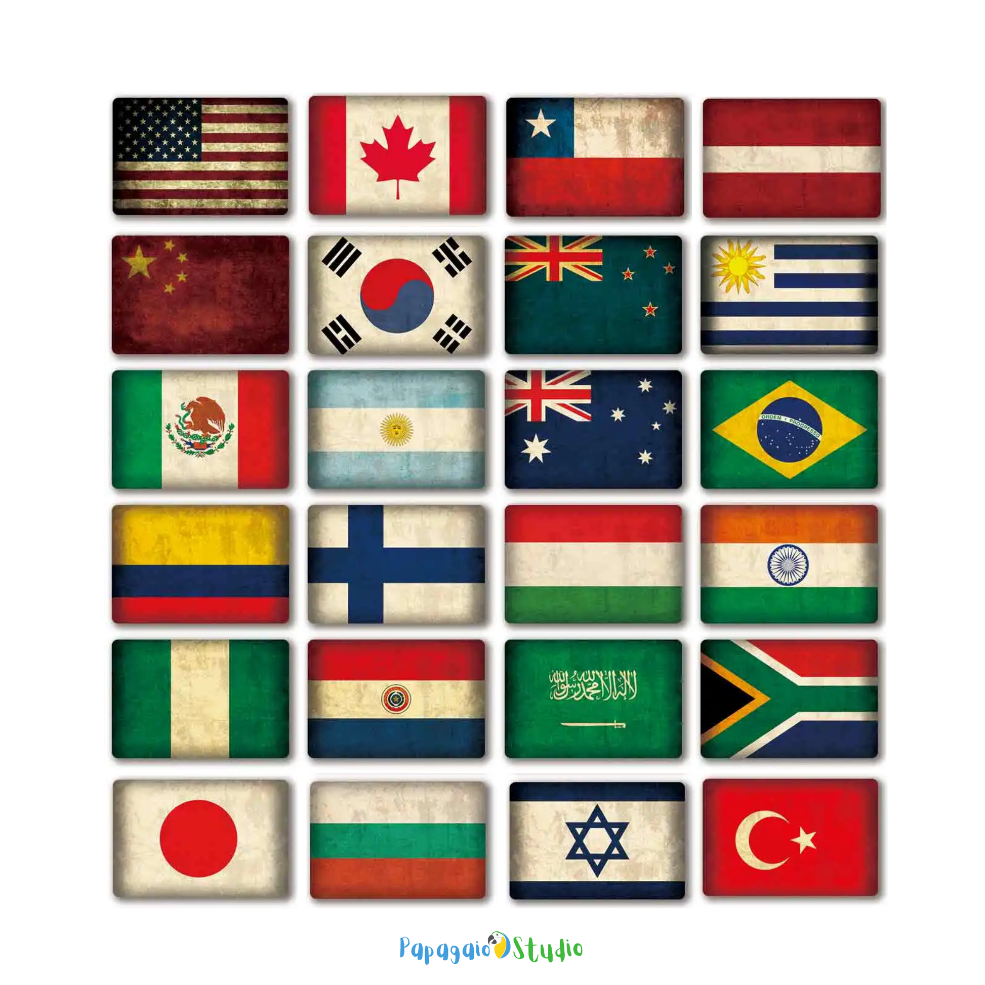 Vintage National Flags Tin Signs • Retro World Flags Metal Print • Patriot Country Flag Decor • Wall Art for Home, Bar, Office, Cafe • Papagaio Studio Design Shop