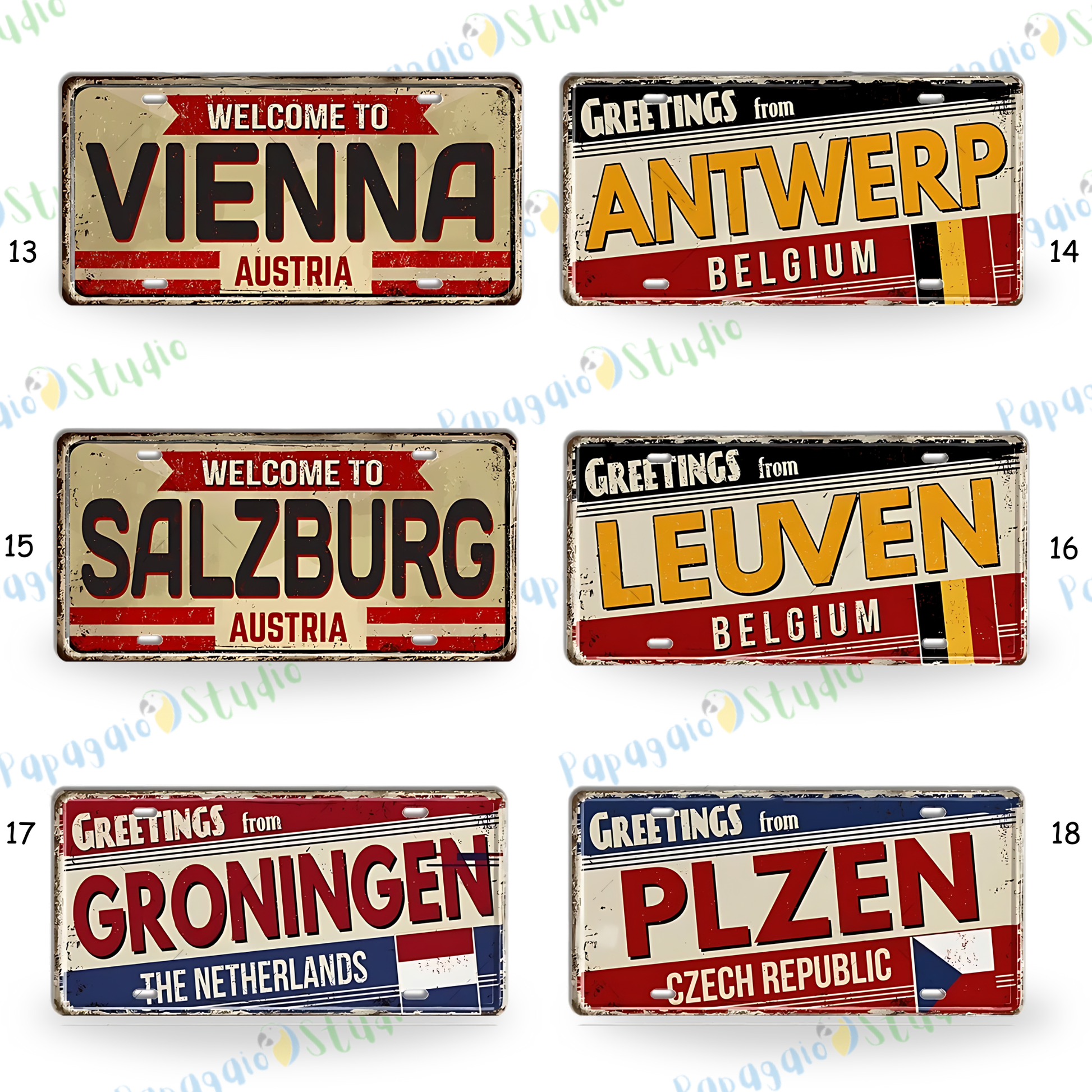 Belgium Netherlands Tin Signs • Austria Poland Metal License Plates • Czech Republic Decorative Signage • Papagaio Studio Print Shop