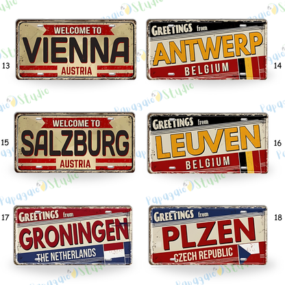 Belgium Netherlands Tin Signs • Austria Poland Metal License Plates • Czech Republic Decorative Signage • Papagaio Studio Print Shop