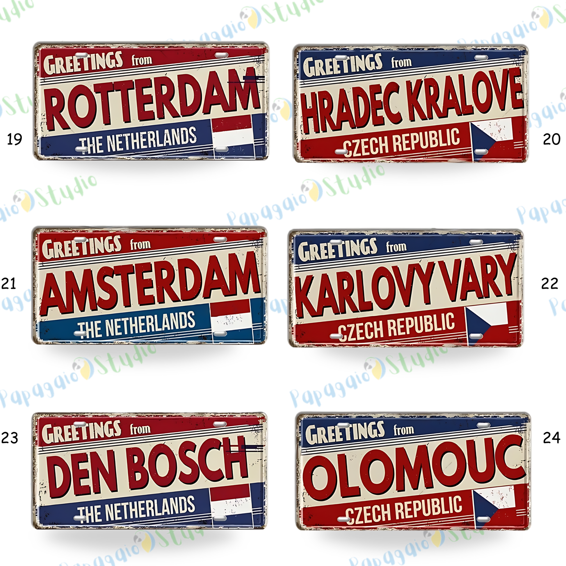 Belgium Netherlands Tin Signs • Austria Poland Metal License Plates • Czech Republic Decorative Signage • Papagaio Studio Print Shop