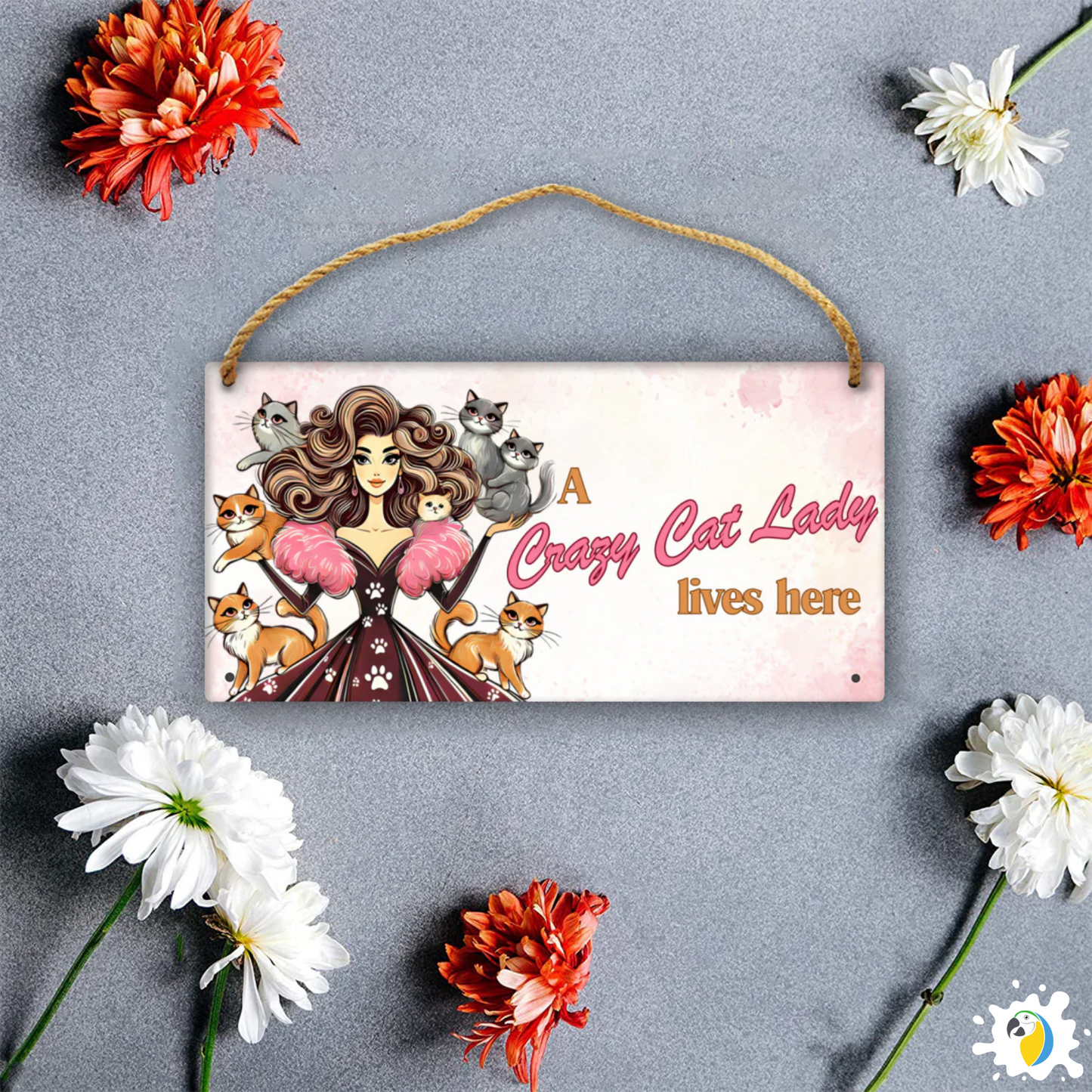 Cute "Crazy Cat Lady" Wooden Sign With Hanging String • 30x15cm Pretty Wood Print For Cat Lovers • Papagaio Studio Design Shop