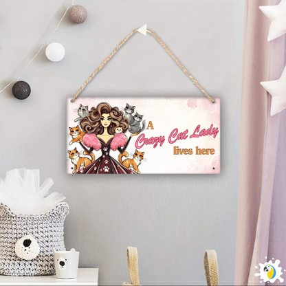 Cute "Crazy Cat Lady" Wooden Sign With Hanging String • 30x15cm Pretty Wood Print For Cat Lovers • Papagaio Studio Design Shop