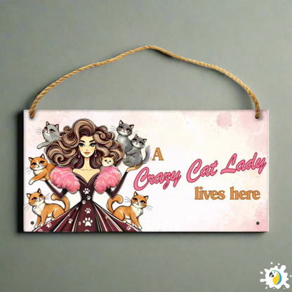 Cute "Crazy Cat Lady" Wooden Sign With Hanging String • 30x15cm Pretty Wood Print For Cat Lovers • Papagaio Studio Design Shop