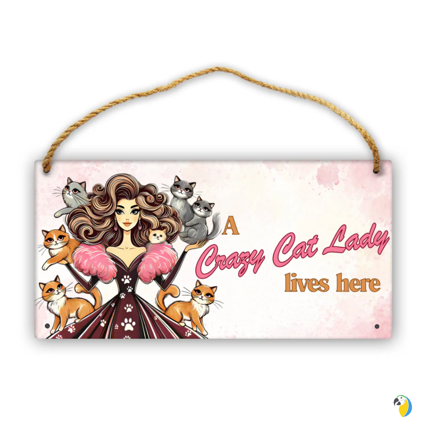 Cute "Crazy Cat Lady" Wooden Sign With Hanging String • 30x15cm Pretty Wood Print For Cat Lovers • Papagaio Studio Design Shop