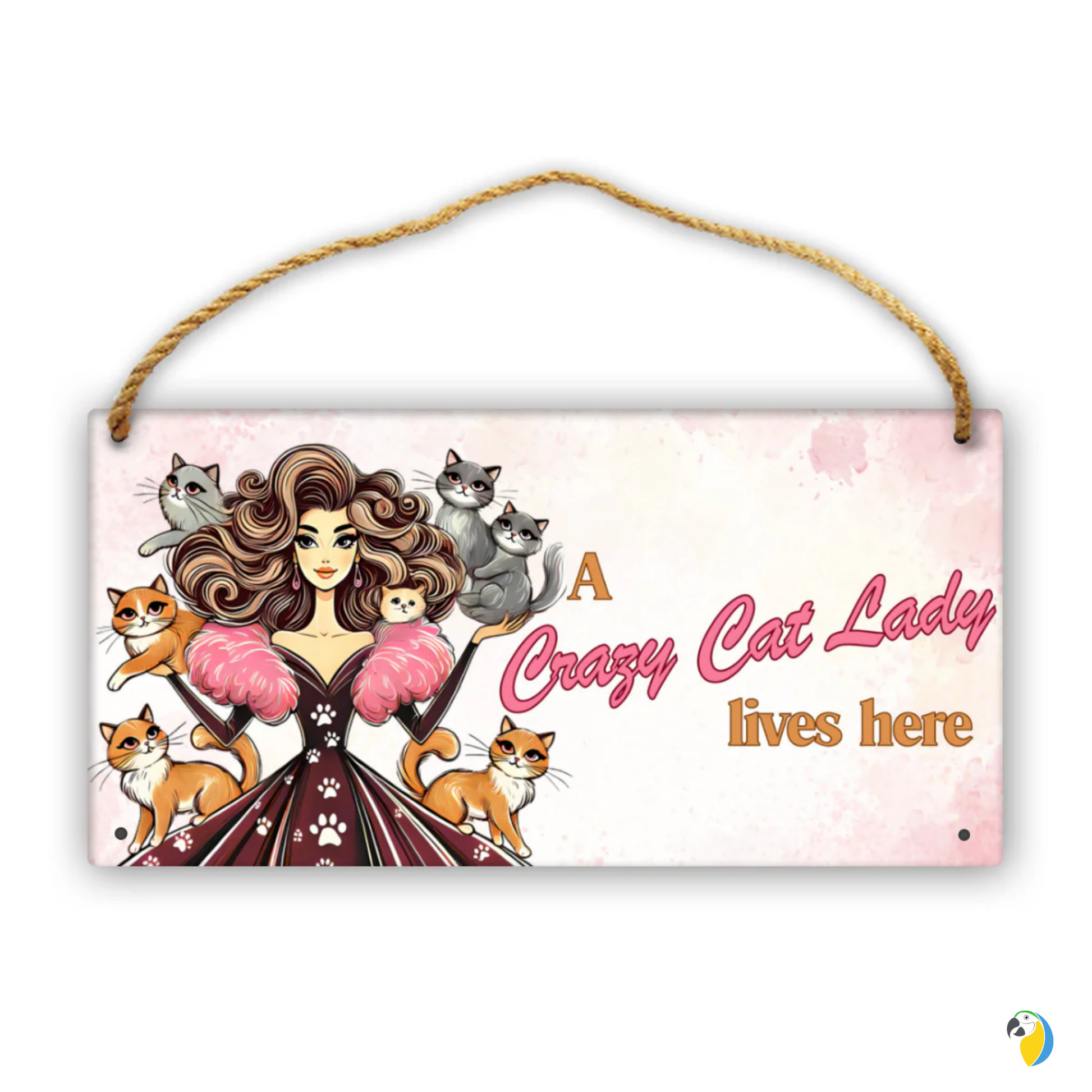 Cute "Crazy Cat Lady" Wooden Sign With Hanging String • 30x15cm Pretty Wood Print For Cat Lovers • Papagaio Studio Design Shop