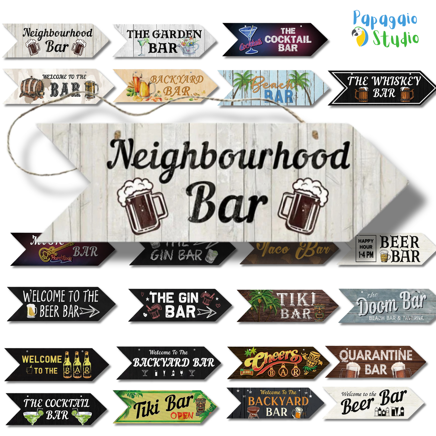 Rustic Bar And Pool Arrow Wooden Signs • Tiki Bar Indication Wood Plaque Wall Hanging For Beach House Coastal & Seaside Decor • Papagaio Studio Design Shop