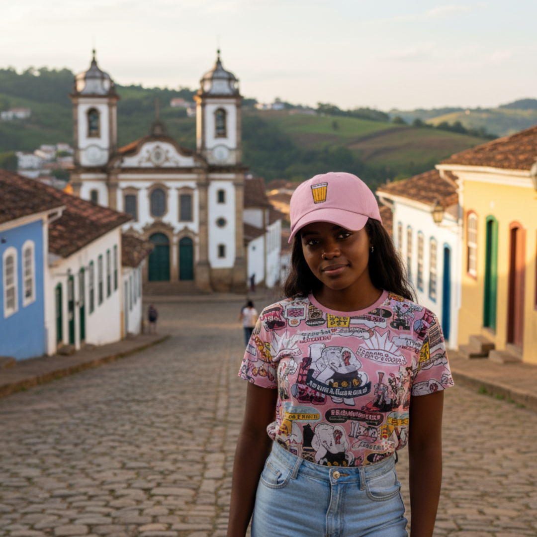 Woman wearing a pink cap and graphic t-shirt standing on a cobbled street with colorful buildings and a church in the background.